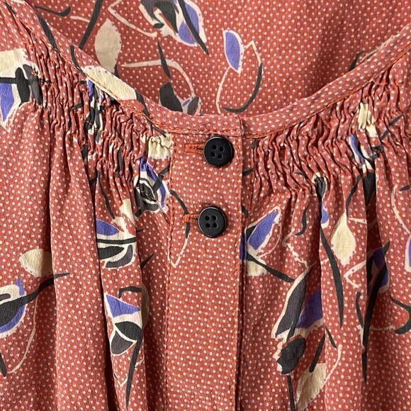 Yumi Kim Silk Blouse Womens Size M Red Floral 3/4 Sleeve Scoop Neck Button Front - Picture 5 of 7